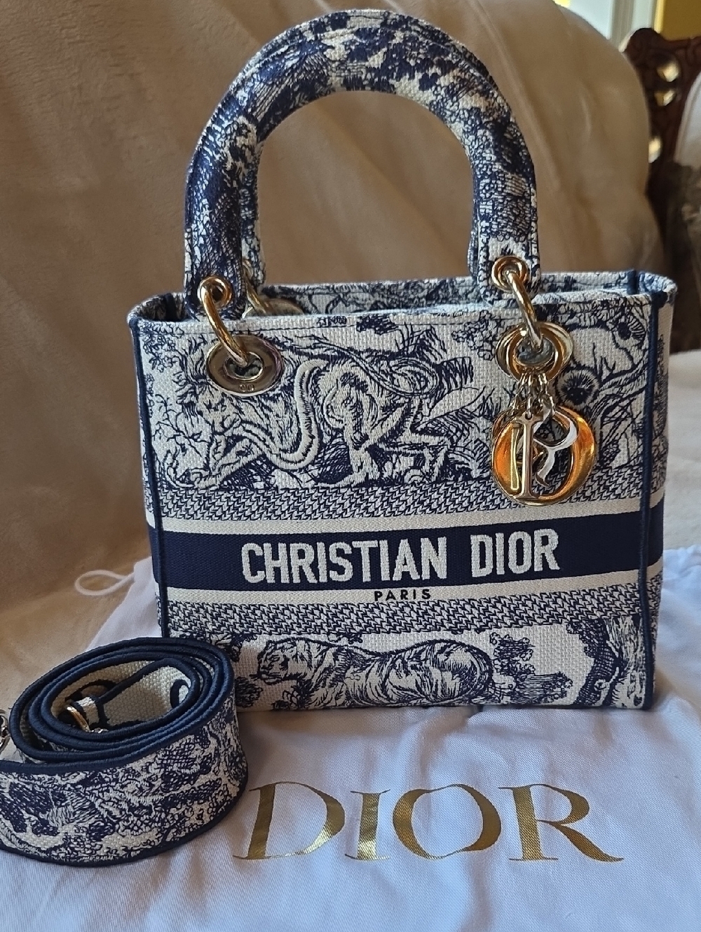 Dior Canvas Toile De Jouy Embroidered Medium Lady D-Lite In Navy And Cream